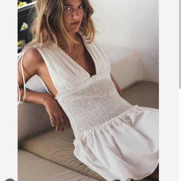 Zara Poplin Cinched Smock Mini Dress NWT White Size XL - Picture 3 of 11